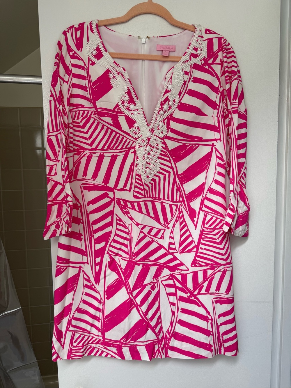 Lilly Pulitzer Hot Pink & White Beaded Shift Dress